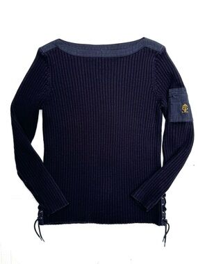 Ralph Lauren Navy Ribbed Knit Sweater with Embroidered emblem